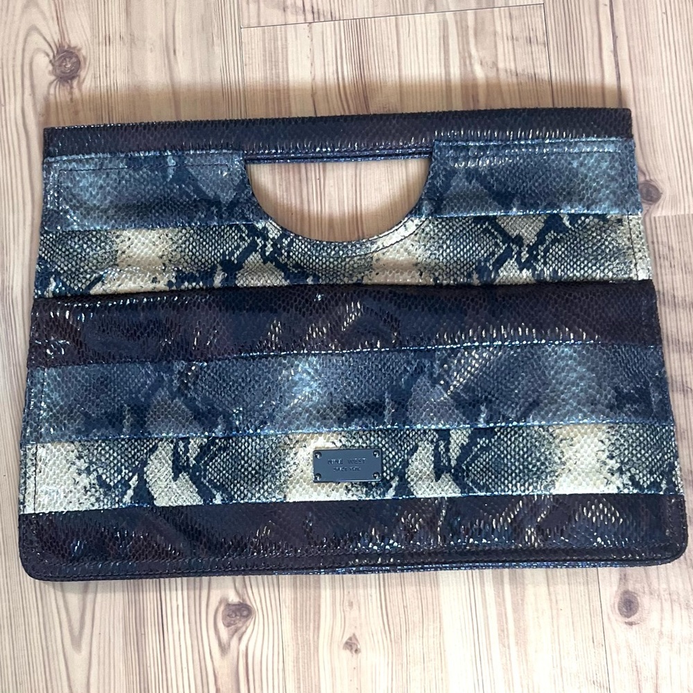 Nine West Snake Print Fold Over Clutch Brown Good Condition